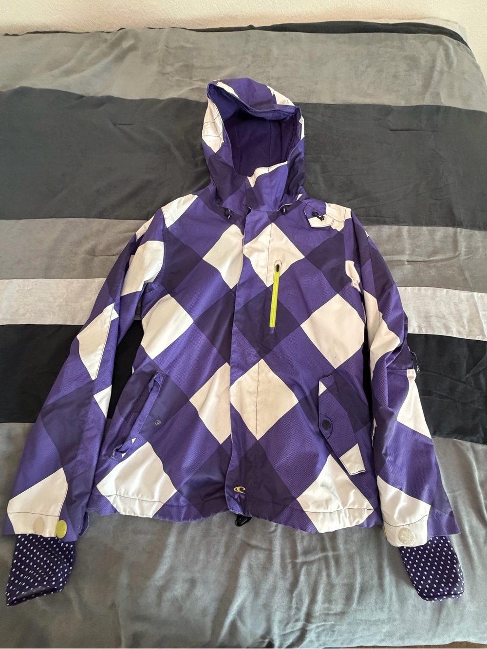 O'Neill Purple and White Hooded Kids Rain Jacket with Lime Zip Accent